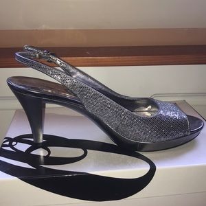 Silver Sling back peep toe heels
